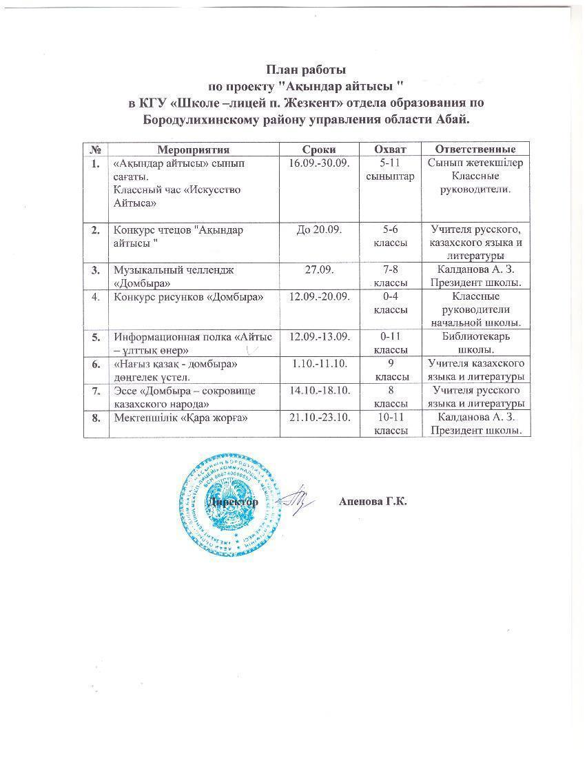 План работы по проекту "Акындар айтысы"
